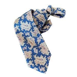 Paul Fredrick King Size Silk Tie Blue Gold Paisley Extra Long Mens Career Work